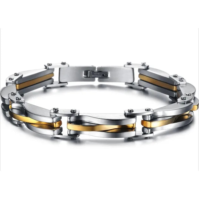 BONISKISS Men Boys Stainless Steel Two Tone Rhombus Cool Link Bangle Bracelet Cuff Gold/Silver Color Wristband Jewelry Xmas Gift