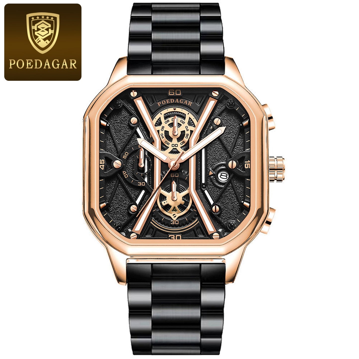 POEDAGAR Fashion Men Luxury Wristwatches Chronograph Luminous Waterproof Date Man Watch Square Dial Leather Quartz Men's Watches