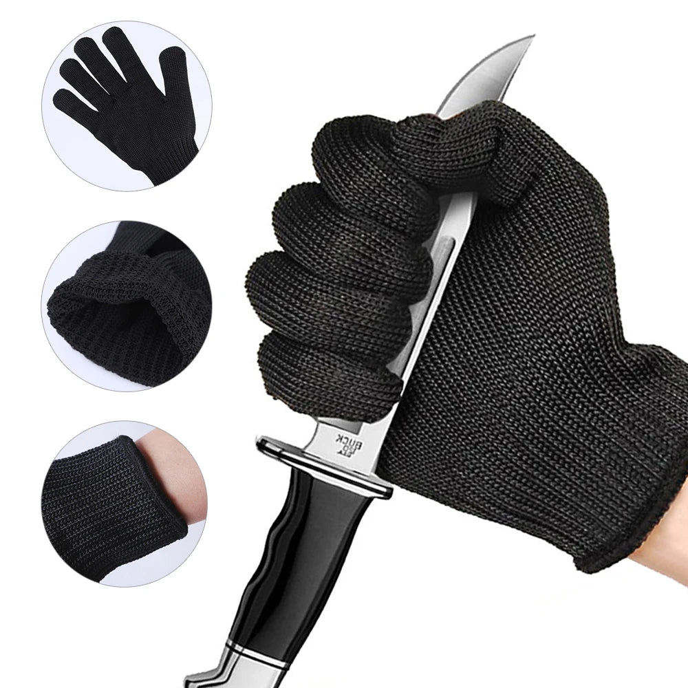 1 Pair Self Defense Gloves Black Steel Wire Metal Mesh Gloves Safety Anti Cutting Wear Resistant Kitchen Butcher Working Gloves