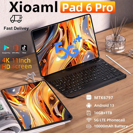 2024 New Pad 6 Pro Tablet  Android 13 16GB 1TB 10 Core 10000mAh WPS GPS Bluetooth 5G Dual SIM  Network Phone Call Mi Tablet PC