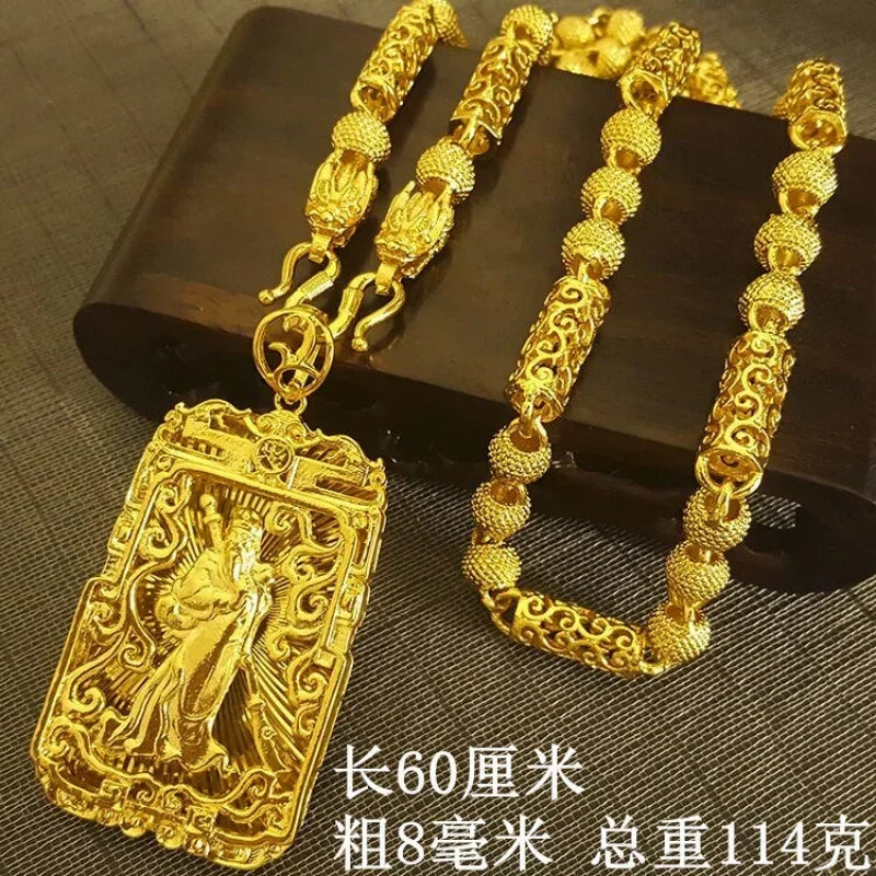 24K Gold Necklace Men Dragon Guan Gong Pendant 9999 Real Gold Necklace