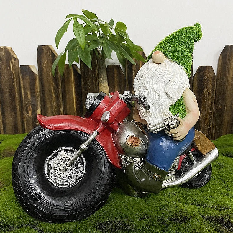 Outdoor solar light dwarf riding motorcycle resin decoration