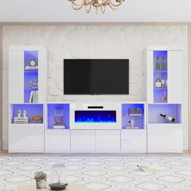 LED white or black Bookcase Set for Living Room Includes 68" TV Stand with 40" Fireplace and they have 2 styles