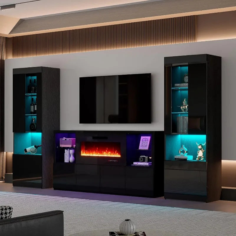 LED white or black Bookcase Set for Living Room Includes 68" TV Stand with 40" Fireplace and they have 2 styles