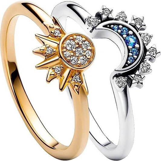 Simple and Shiny Sun Moon Blue Diamond Layered Celestial Couple Ring Set