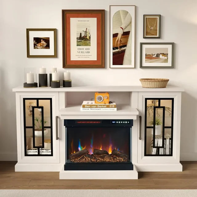 59 Inch LED TV Stand with 3-Side Glass Fireplace, Modern Media Entertainment Center Console Table for TVs up to 65 Inch