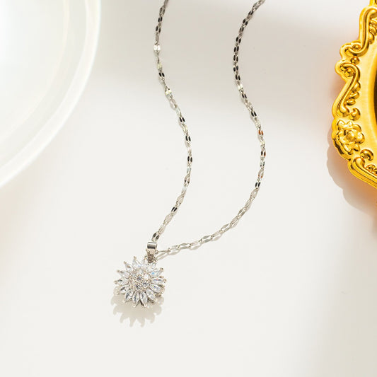 Rotating Sunflower Necklace with Full Diamond Daisy Collar Chain Female