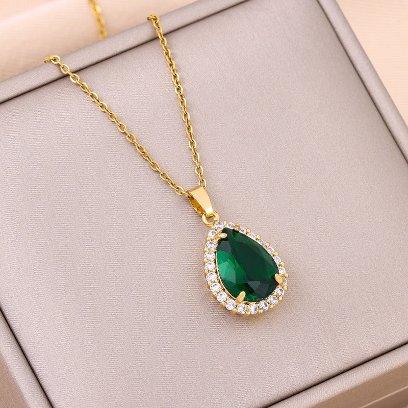 Light luxury retro green zircon crystal water drop pendant titanium steel necklace women's classic stainless steel collarbone