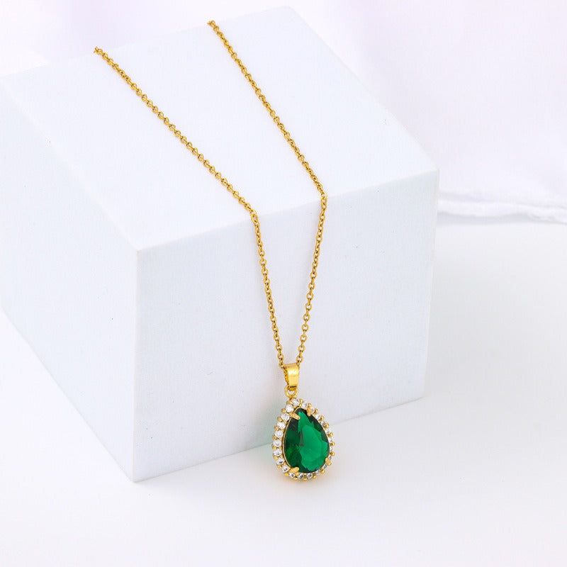 Light luxury retro green zircon crystal water drop pendant titanium steel necklace women's classic stainless steel collarbone