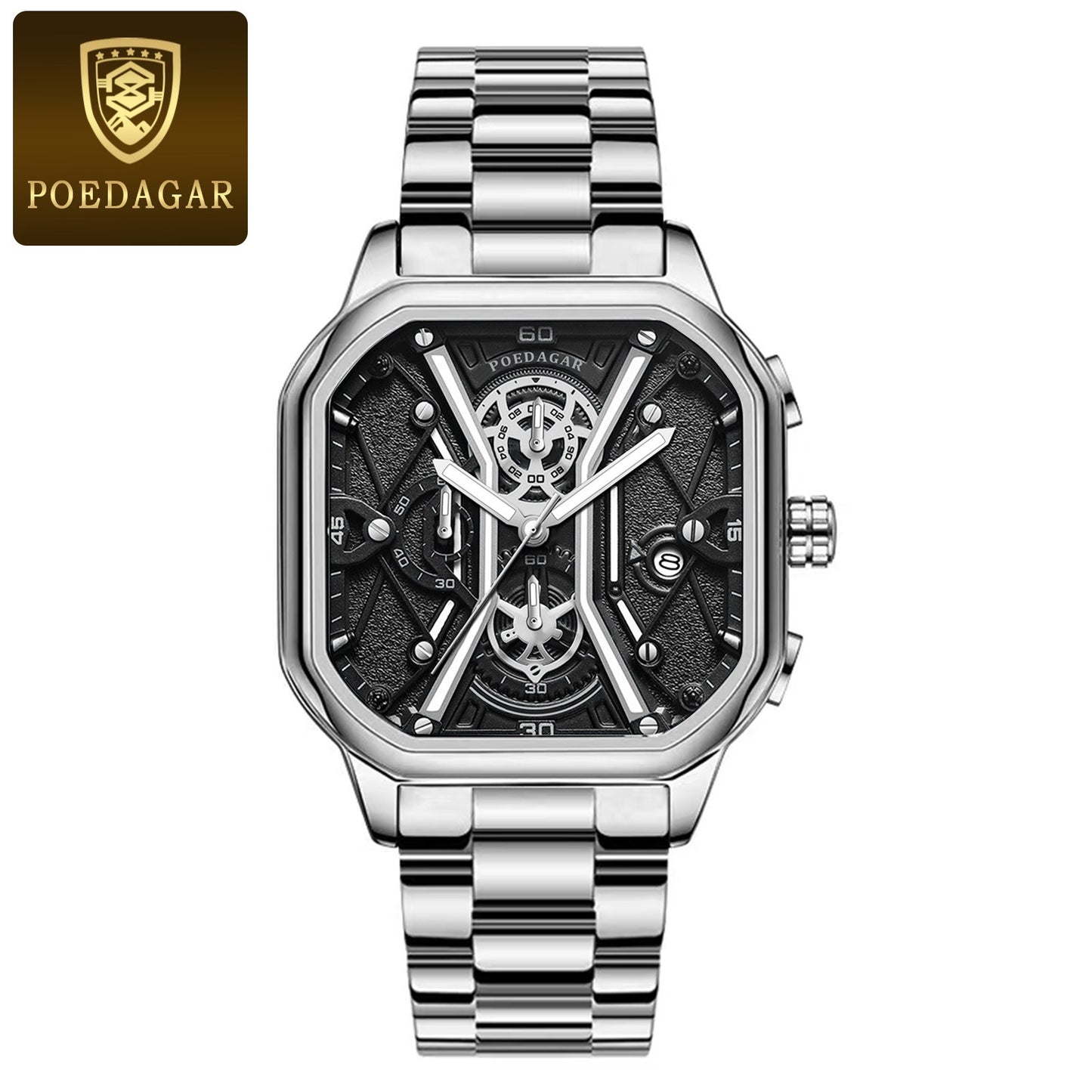 POEDAGAR Fashion Men Luxury Wristwatches Chronograph Luminous Waterproof Date Man Watch Square Dial Leather Quartz Men's Watches