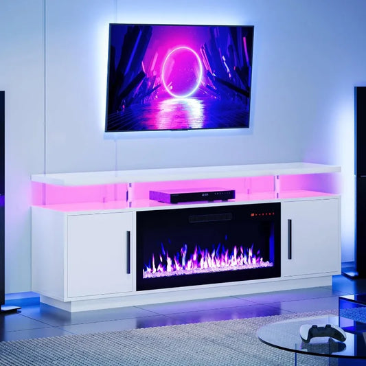 75", LED Light Entertainment Center with 36" Electric Fireplace Heater, Storage Cabinet