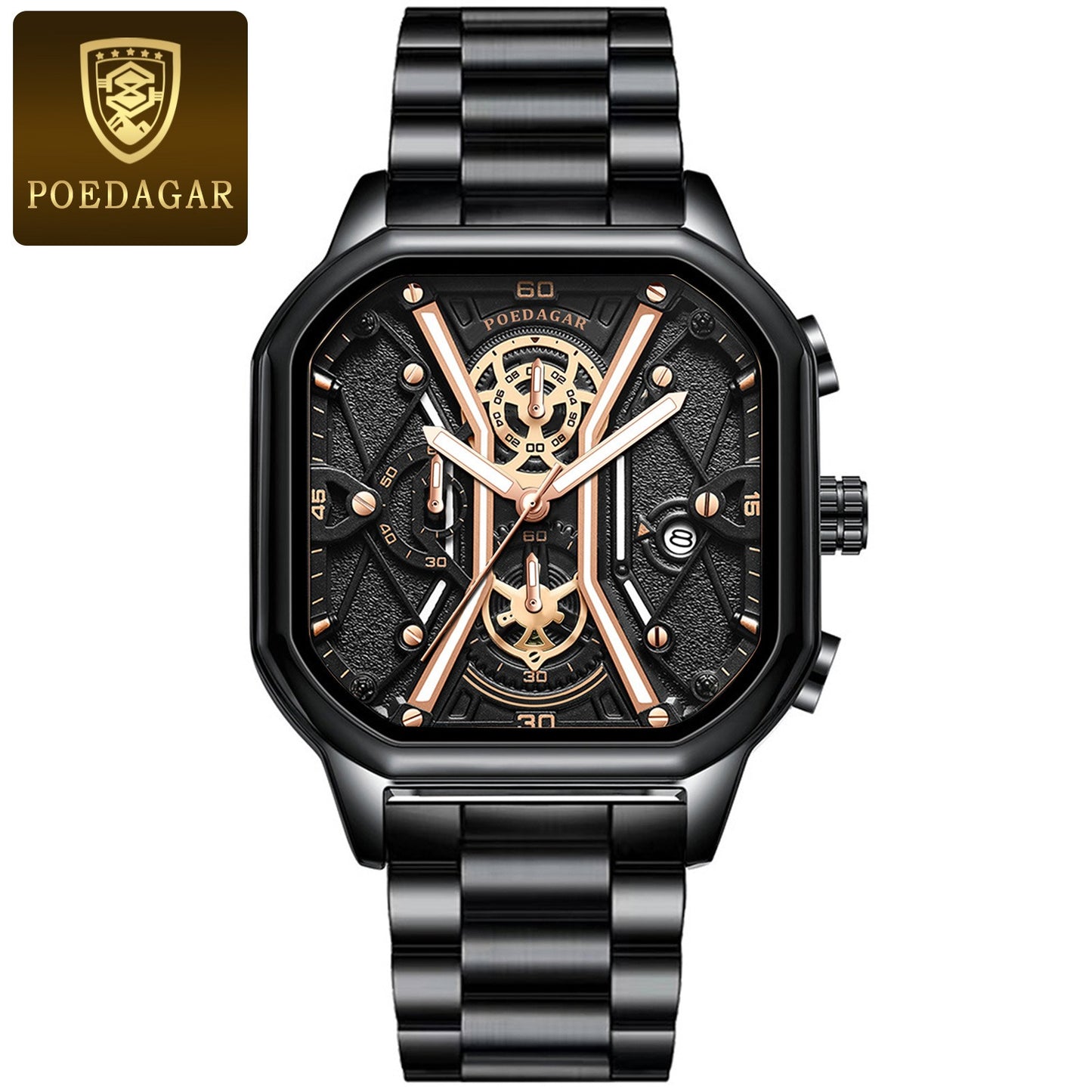 POEDAGAR Fashion Men Luxury Wristwatches Chronograph Luminous Waterproof Date Man Watch Square Dial Leather Quartz Men's Watches