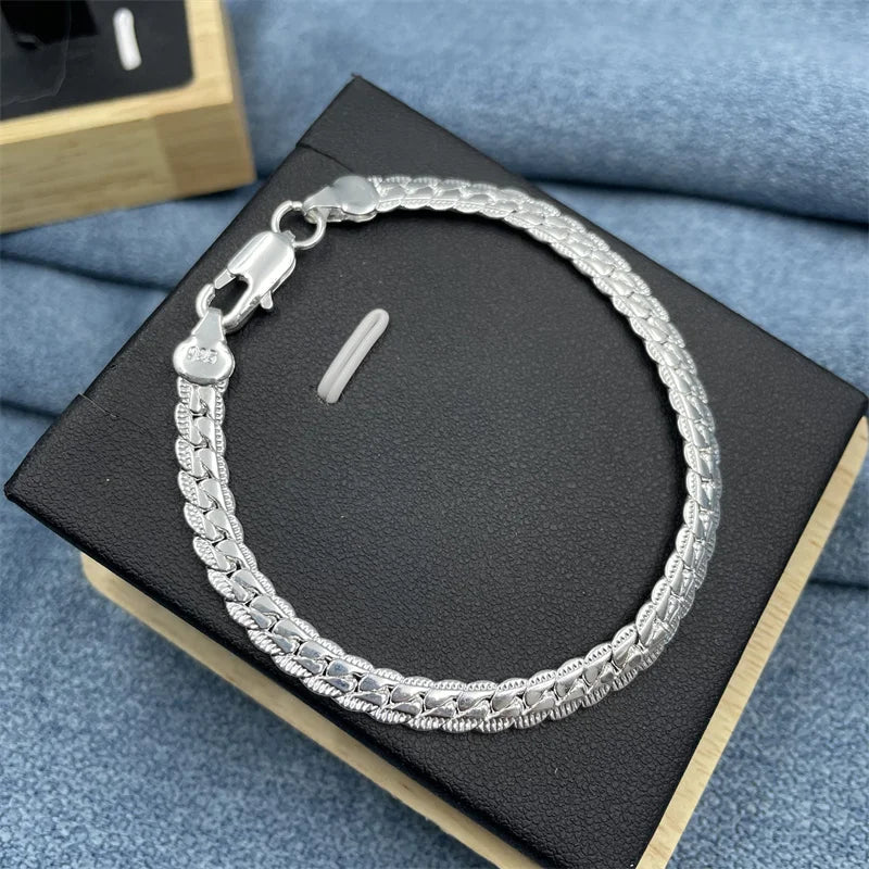 925 Sterling Silver Bracelet 6mm 18/20cm Flat Side Chain Lobster Clasp For Woman Man Wedding Engagement Jewelry