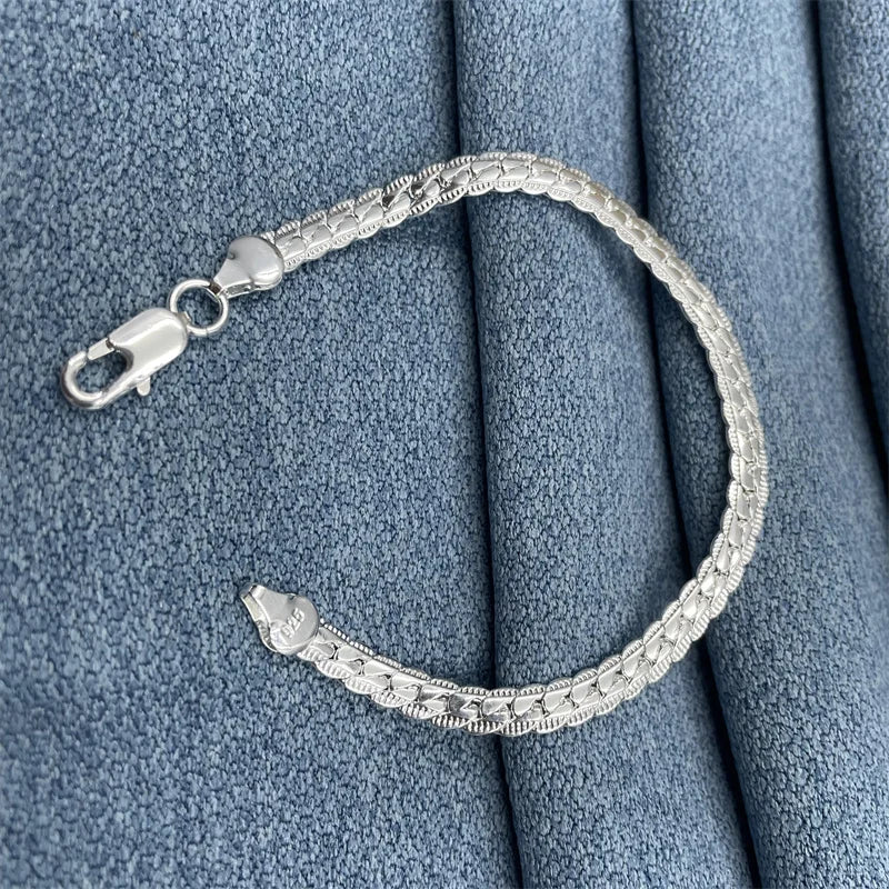 925 Sterling Silver Bracelet 6mm 18/20cm Flat Side Chain Lobster Clasp For Woman Man Wedding Engagement Jewelry