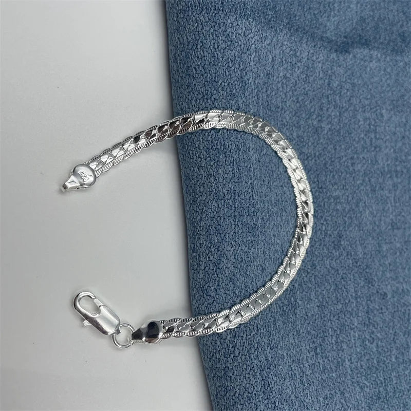 925 Sterling Silver Bracelet 6mm 18/20cm Flat Side Chain Lobster Clasp For Woman Man Wedding Engagement Jewelry