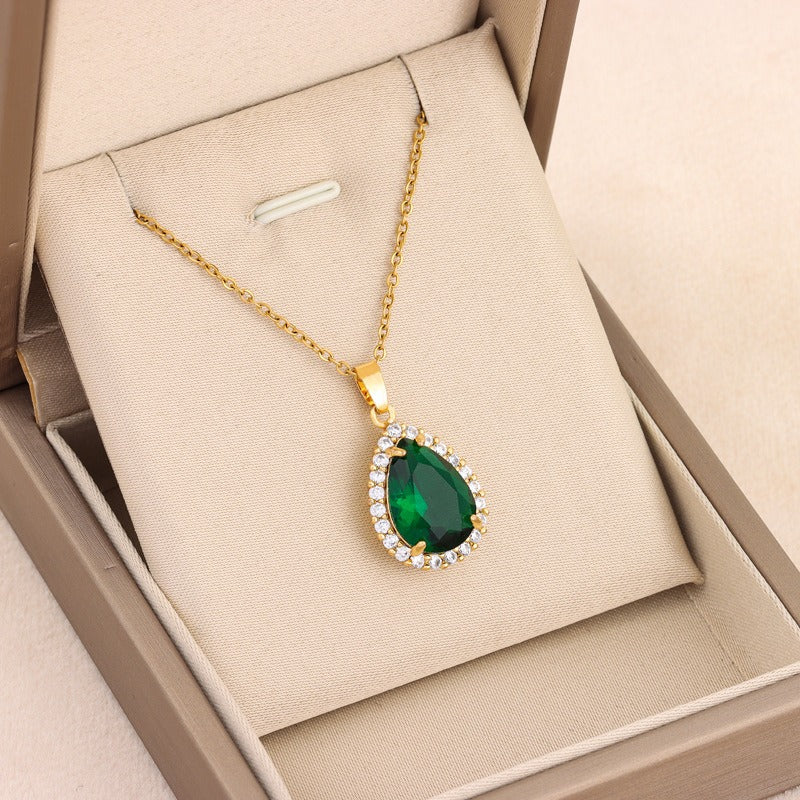 Light luxury retro green zircon crystal water drop pendant titanium steel necklace women's classic stainless steel collarbone