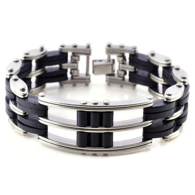 AOMU Men Stainless Steel Link Chain Bracelets & Bangles Men's Cuff  Wristband Biker Motorcycle Black Silicone Bracelet