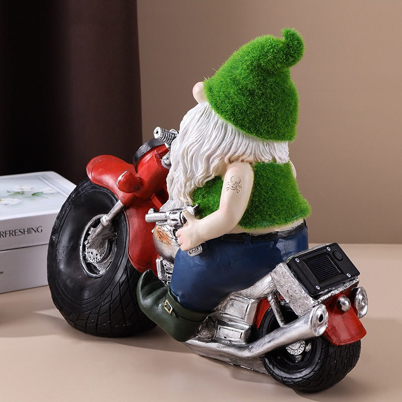 Outdoor solar light dwarf riding motorcycle resin decoration