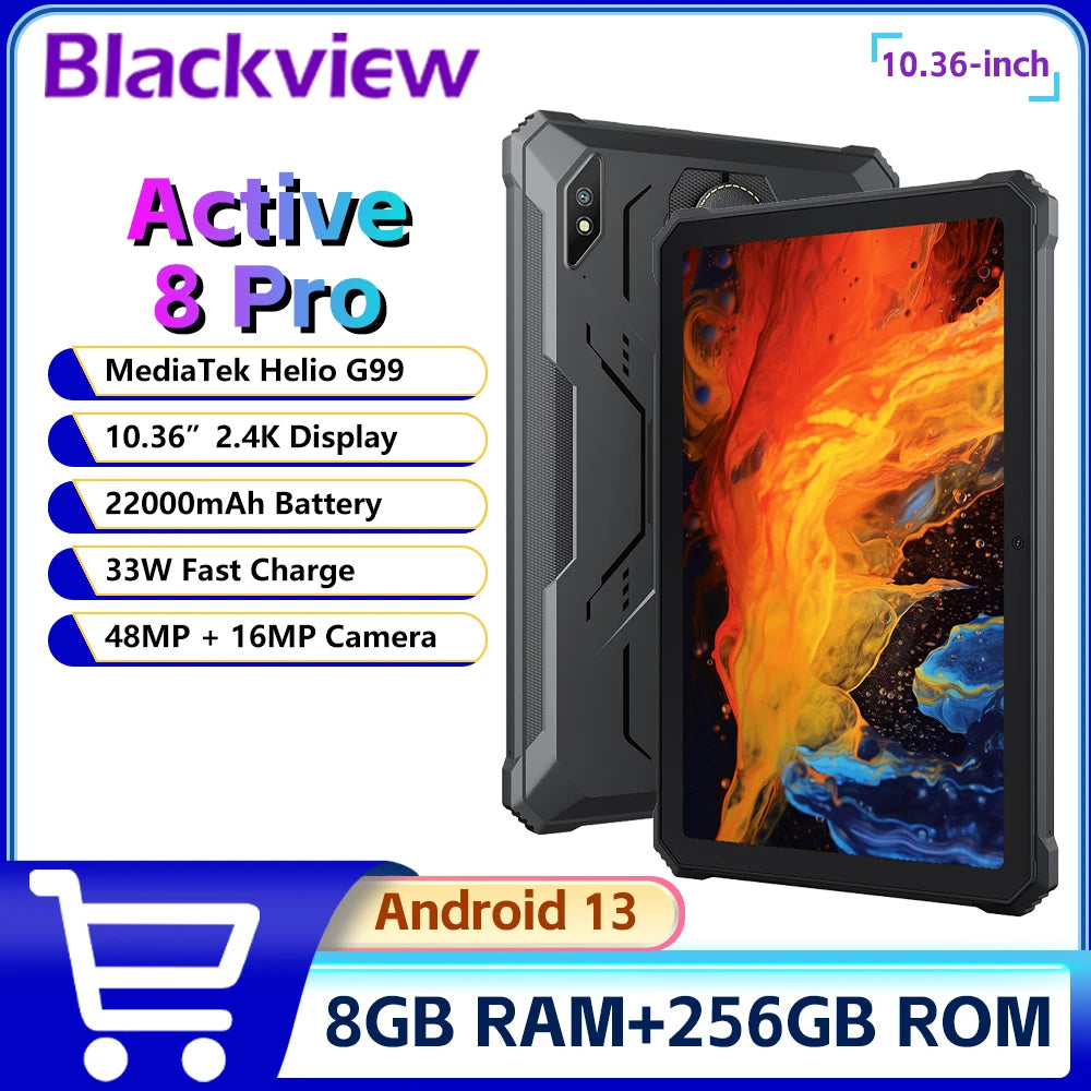 Blackview Active 8 Pro Rugged Tablet 16GB 256GB Android 13 10.36" 2.4K Display Helio G99 48MP Camera Tablet PC