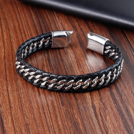 Braided Rope Woven Black Leather Men Bracelets Punk Style Stainless Steel Bangle for Friend Charm Fashion Jewelry Gifts