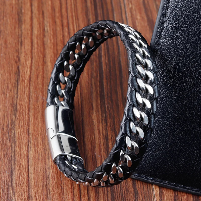 Braided Rope Woven Black Leather Men Bracelets Punk Style Stainless Steel Bangle for Friend Charm Fashion Jewelry Gifts