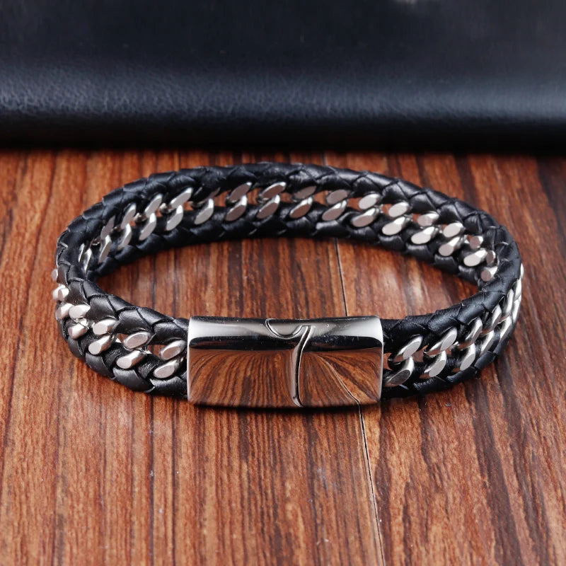 Braided Rope Woven Black Leather Men Bracelets Punk Style Stainless Steel Bangle for Friend Charm Fashion Jewelry Gifts