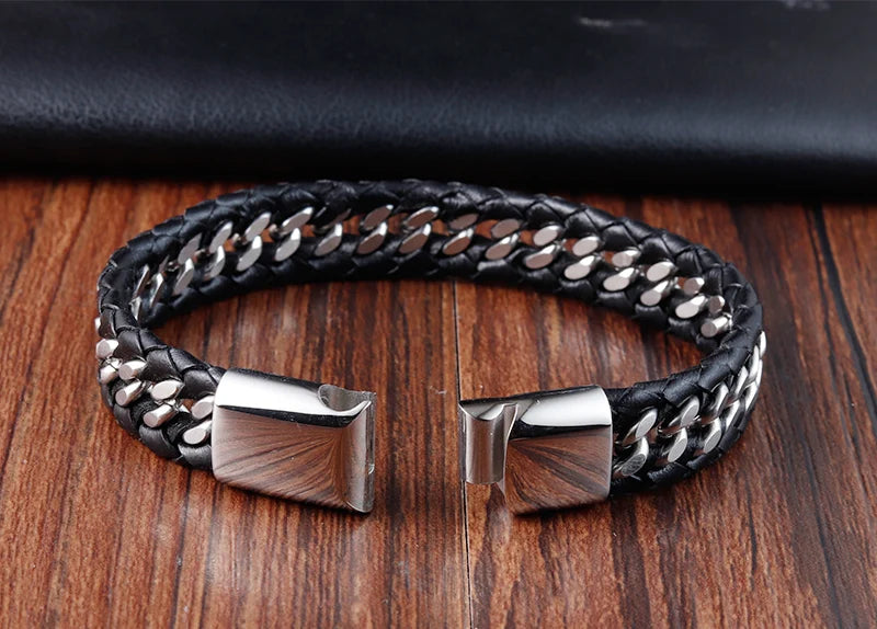 Braided Rope Woven Black Leather Men Bracelets Punk Style Stainless Steel Bangle for Friend Charm Fashion Jewelry Gifts