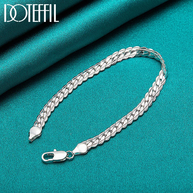 DOTEFFIL 925 Sterling Silver 24K Gold 6mm 18/19/20cm Flat Side Chain Bracelet For Woman Man Wedding Engagement Jewelry