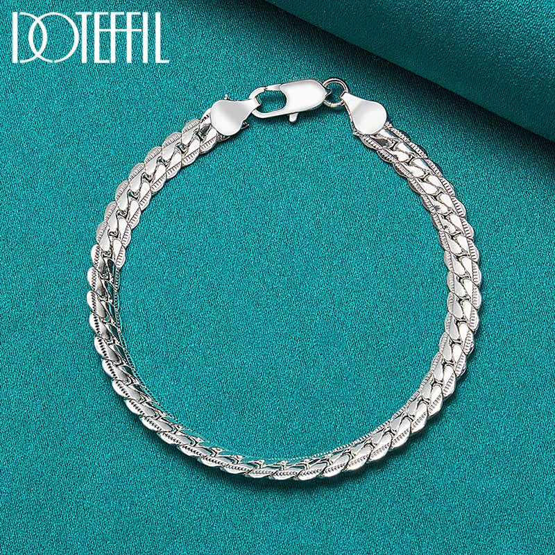 DOTEFFIL 925 Sterling Silver 24K Gold 6mm 18/19/20cm Flat Side Chain Bracelet For Woman Man Wedding Engagement Jewelry