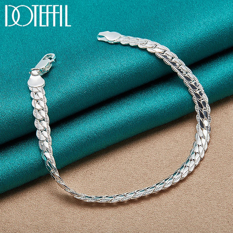 DOTEFFIL 925 Sterling Silver 24K Gold 6mm 18/19/20cm Flat Side Chain Bracelet For Woman Man Wedding Engagement Jewelry