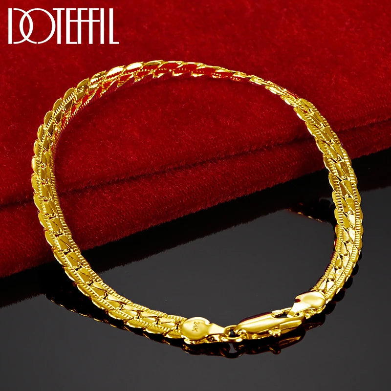 DOTEFFIL 925 Sterling Silver 24K Gold 6mm 18/19/20cm Flat Side Chain Bracelet For Woman Man Wedding Engagement Jewelry