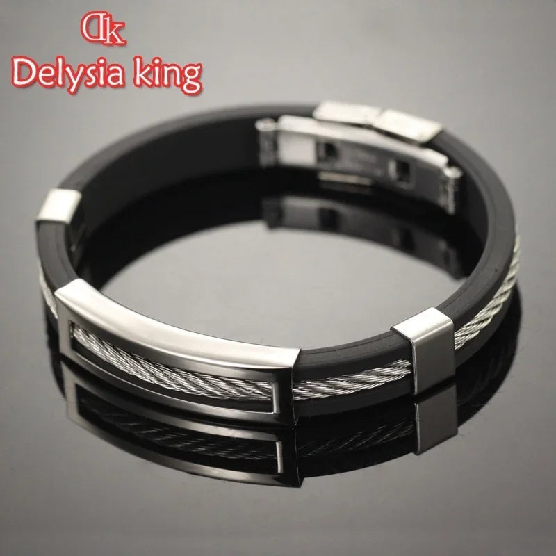 Delysia King Fashion Men Stainless Steel Wire Silicone Bracelets Cool Man Casual Bracelet Trend Male Jewelry Accessories