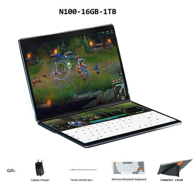 Dual Screen Laptop Intel N100 Processor 13.5+13.5 Inch touch Screen Gaming Laptop DDR4 32GB 1TB 512GB SSD Notebook Computer