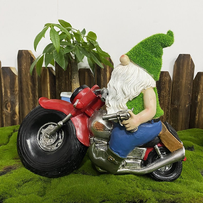 Outdoor solar light dwarf riding motorcycle resin decoration