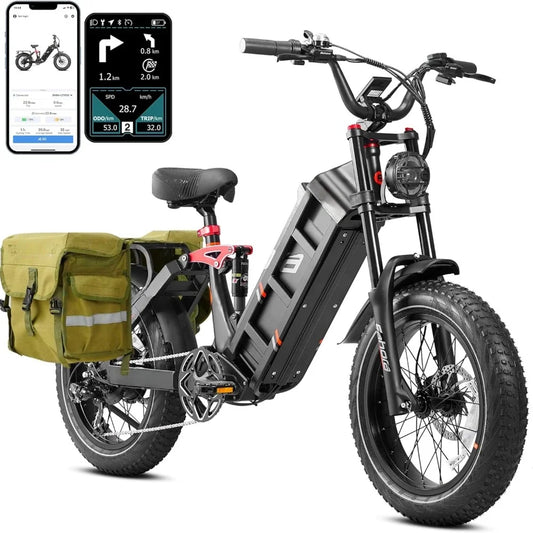 Electric Bike,1500W 52V 60Ah 100+Miles Long Range E-Bike 20" Fat Tire Full Suspension E Bike,Dual Hydraulic Brakes Electric Bike