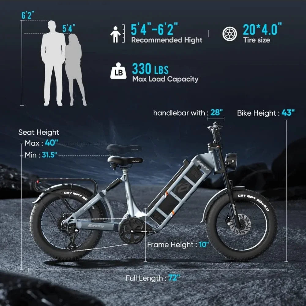 Electric Bike,1500W 52V 60Ah 100+Miles Long Range E-Bike 20" Fat Tire Full Suspension E Bike,Dual Hydraulic Brakes Electric Bike