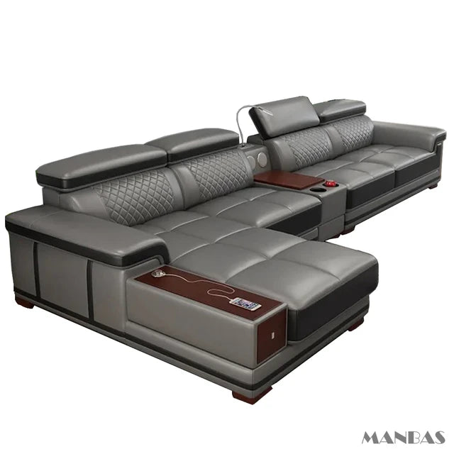 Elegant Living Room Sofas - MINGDIBAO Italian Genuine Leather Sectional Sofa Set with Adjustable Headrests and Bluetooth Speaker