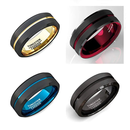 FDLK   New 4 Colors 8mm Black Brushed Black Edge Stainless Steel Ring Groove Stripe Men's Wedding Ring Jewelry Wholesale