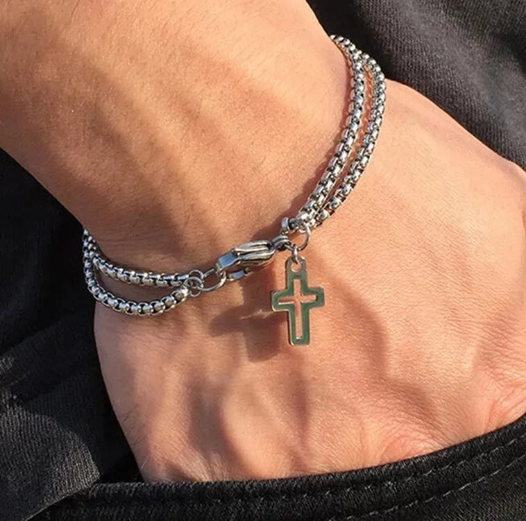 Fashion Double Chain Cross Hollow Stainless Steel Wrist Bracelets Lobster Claw Clasp Bracelet Hip Hop Punk Party Mens Jewellery