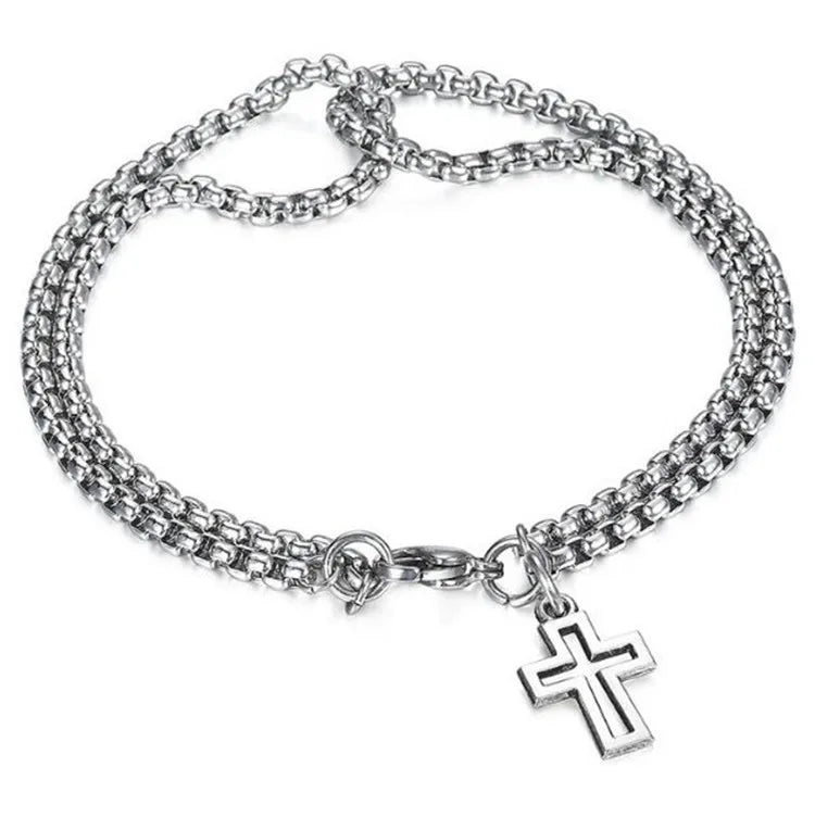 Fashion Double Chain Cross Hollow Stainless Steel Wrist Bracelets Lobster Claw Clasp Bracelet Hip Hop Punk Party Mens Jewellery