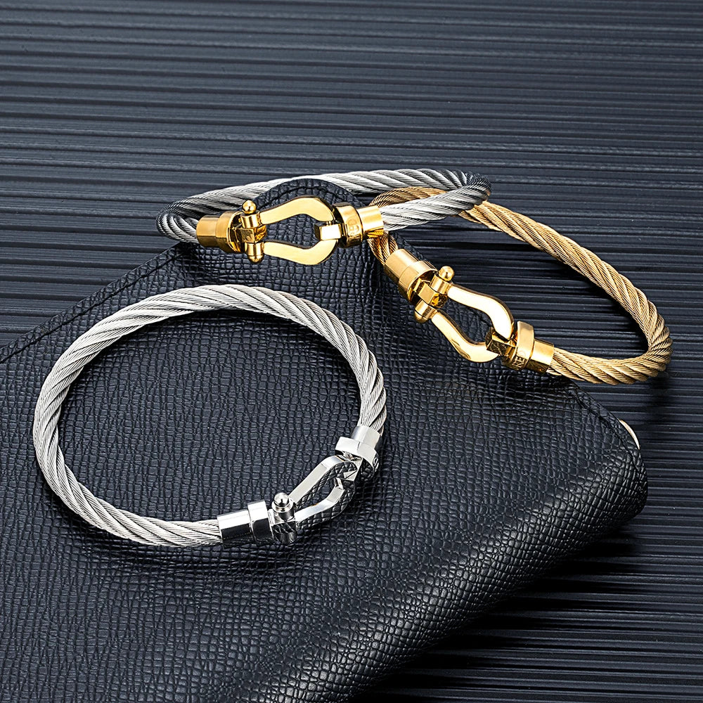 Fashion Horseshoe Knot Clasp Bracelets Mens Womens Stainless Steel Wire Cable Bangles Handmade Creative Homme Male Brand Jewelry