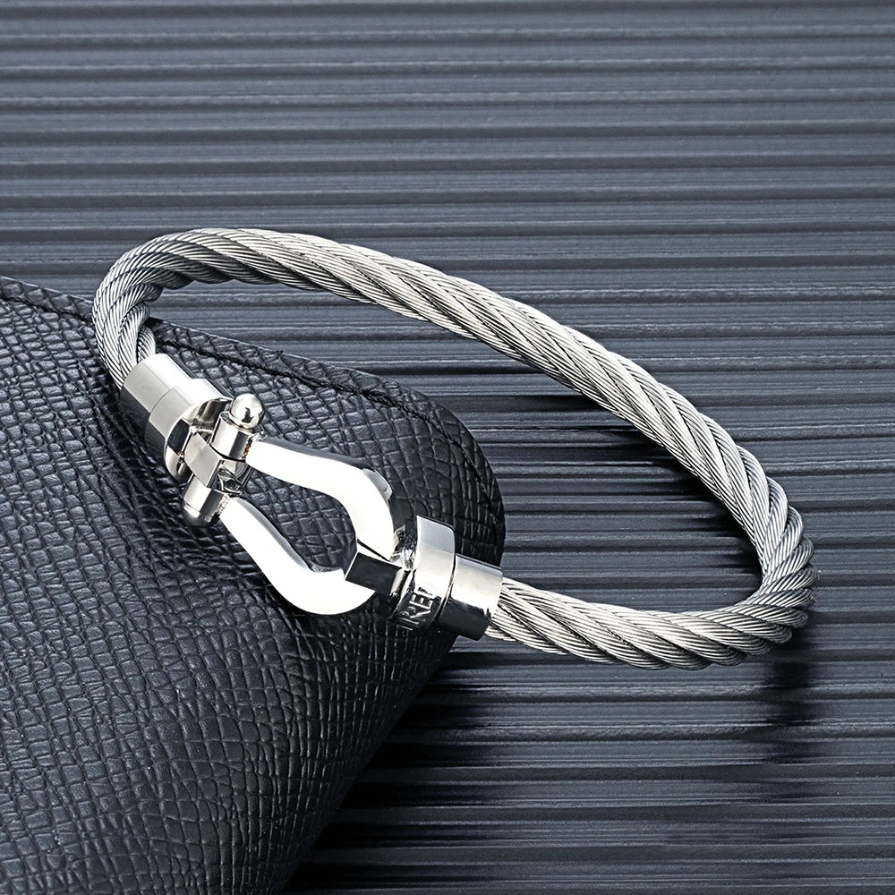 Fashion Horseshoe Knot Clasp Bracelets Mens Womens Stainless Steel Wire Cable Bangles Handmade Creative Homme Male Brand Jewelry