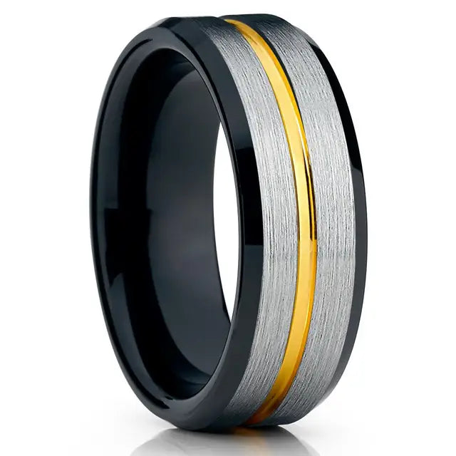 Fashion Men's 8mm Gold Color Groove Beveled Edge Tungsten Wedding Carbon Fiber Ring Punk Gear Wheel Stainless Steel Ring For Men