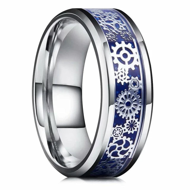 Fashion Men's 8mm Gold Color Groove Beveled Edge Tungsten Wedding Carbon Fiber Ring Punk Gear Wheel Stainless Steel Ring For Men