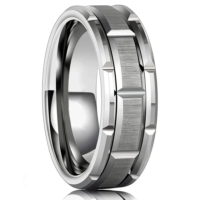 Fashion Men's 8mm Gold Color Groove Beveled Edge Tungsten Wedding Carbon Fiber Ring Punk Gear Wheel Stainless Steel Ring For Men