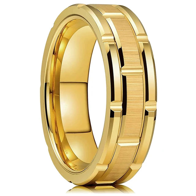 Fashion Men's 8mm Gold Color Groove Beveled Edge Tungsten Wedding Carbon Fiber Ring Punk Gear Wheel Stainless Steel Ring For Men