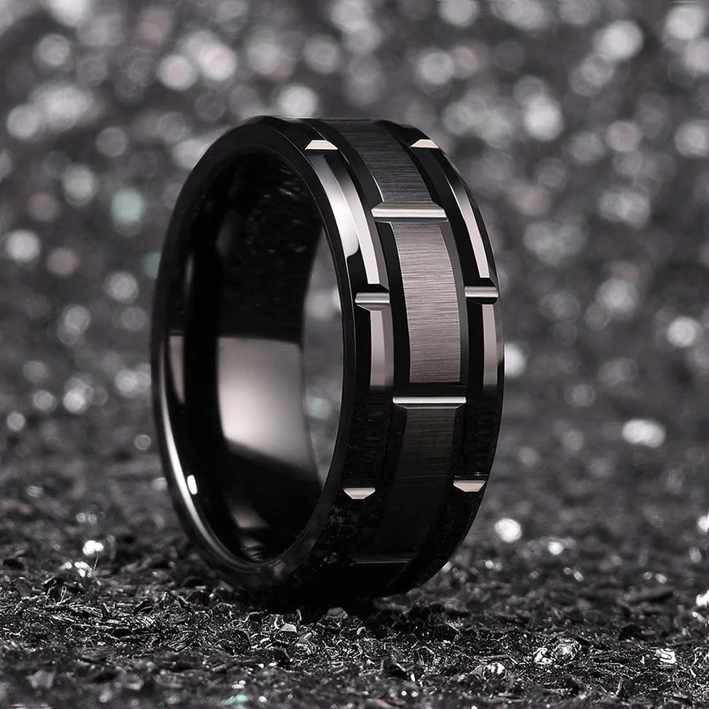 Fashion Men's 8mm Gold Color Groove Beveled Edge Tungsten Wedding Carbon Fiber Ring Punk Gear Wheel Stainless Steel Ring For Men