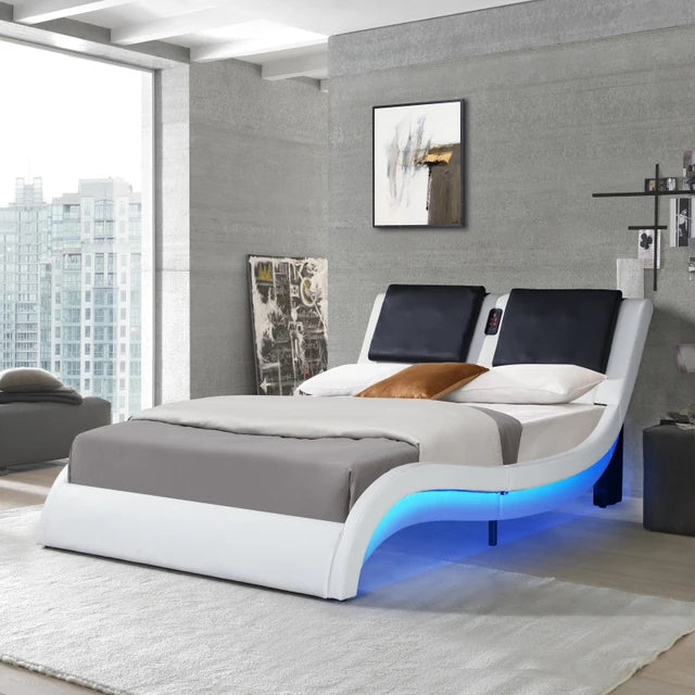 Faux Leather Bed Frame with LED,Bluetooth connection to play music control,Backrest vibration massage,Curve Design,Queen