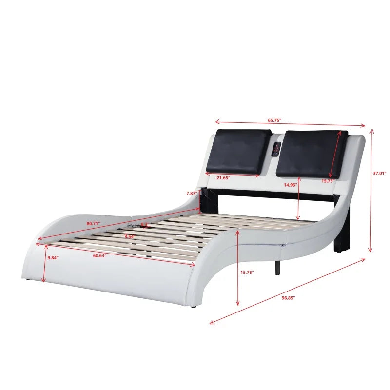 Faux Leather Bed Frame with LED,Bluetooth connection to play music control,Backrest vibration massage,Curve Design,Queen