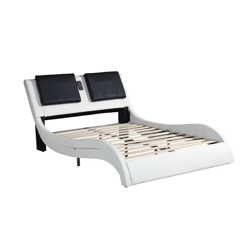 Faux Leather Bed Frame with LED,Bluetooth connection to play music control,Backrest vibration massage,Curve Design,Queen